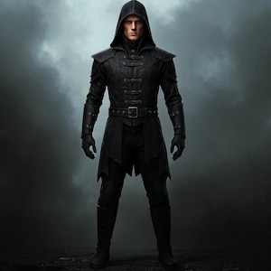 Assassin Black Leather Costume | Medieval Hooded Warrior Jacket Set | LARP Ren Fair Outfit for Men | Dark Fantasy Halloween Cosplay