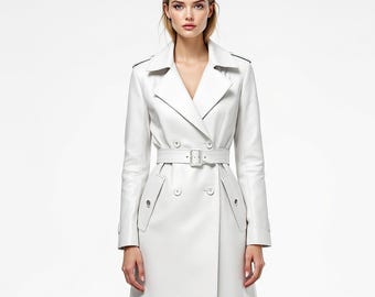 Handmade White Genuine Leather Trench Coat | Women's Steampunk Fashion