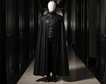 Gothic Vampire Leather Cloak & Vest Set | Long Black Hoodless Cape for Cosplay, LARP, Fantasy Costume | Men’s Medieval Duster Jacket Outfit