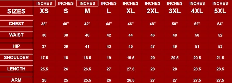 Puede incluir: Un gr&aacute;fico rojo muestra las medidas de trajes en pulgadas. Las tallas van de XS a 5XL, con medidas de pecho de 96,5 cm a 137,2 cm, cintura de 91,4 cm a 132,1 cm y cadera de 94 cm a 134,6 cm. Tambi&eacute;n se proporcionan medidas de hombros, largo y brazo.