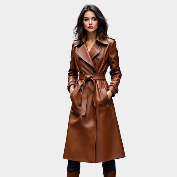 Handgefertigter brauner Damenmantel aus echtem Leder Elegante