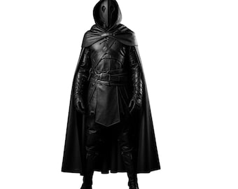 Full Black Leather Cloak Costume | Handmade Hooded Warrior Outfit for LARP, Dark Fantasy, Medieval Cosplay & Halloween Festival