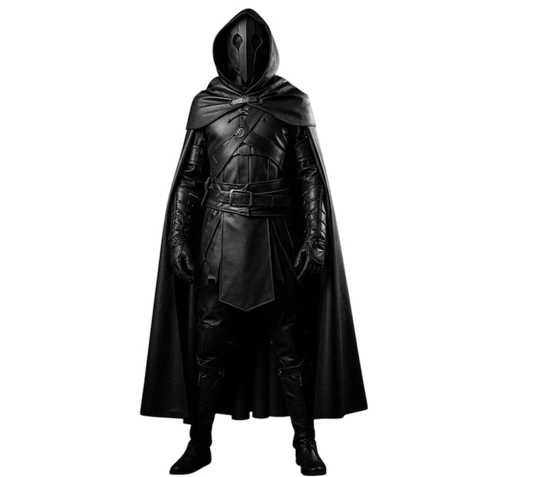 May include: A full-body shot of a person in a black hooded costume. The costume includes a cape, leather armor, gloves, and boots. The hood conceals the face, and the outfit is secured with a belt. The overall aesthetic is dark and mysterious.