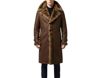 Men’s Shearling Leather Coat | Brown Winter Trench | Fur-Lined Sheepskin Long Jacket | Vintage Aviator Style | Handmade Gift for Him