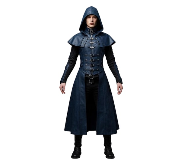 Sobretudo masculino de couro azul com capuz – Casaco gótico para
