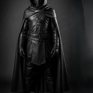 May include: Full-length shot of a black leather costume with a hooded mask. The costume includes a cape, gloves, and boots. The mask has eye slits and a distinctive design. The outfit is detailed with straps and a belt, creating a dark, mysterious aesthetic.