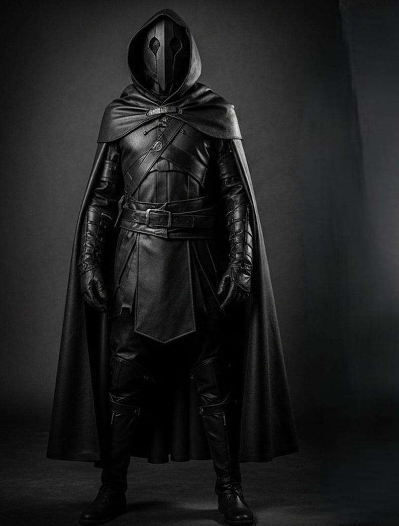 May include: Full-length shot of a black leather costume with a hooded mask. The costume includes a cape, gloves, and boots. The mask has eye slits and a distinctive design. The outfit is detailed with straps and a belt, creating a dark, mysterious aesthetic.