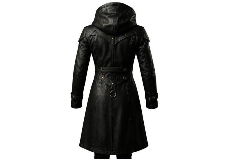 May include: A black leather trench coat with a hood and a belt. The coat has a long, flowing silhouette and features decorative buckles and straps.