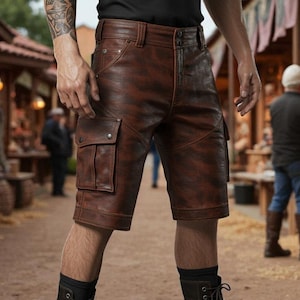 Real Leather Renaissance Shorts – Brown Medieval Cargo Pants, Handmade Ren Faire Festival Outfit, Viking Pirate LARP Costume Bottoms