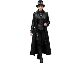 Conjunto de sobretudo de couro gótico steampunk para mulheres – Jaqueta longa preta com espartilho – Traje para festivais, cosplay e Halloween