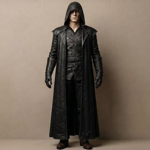 May include: A black hooded long coat worn over a matching black shirt with multiple horizontal straps and buckles across the chest. The outfit includes long black gloves, black trousers, and dark brown boots, creating a monochromatic ensemble.