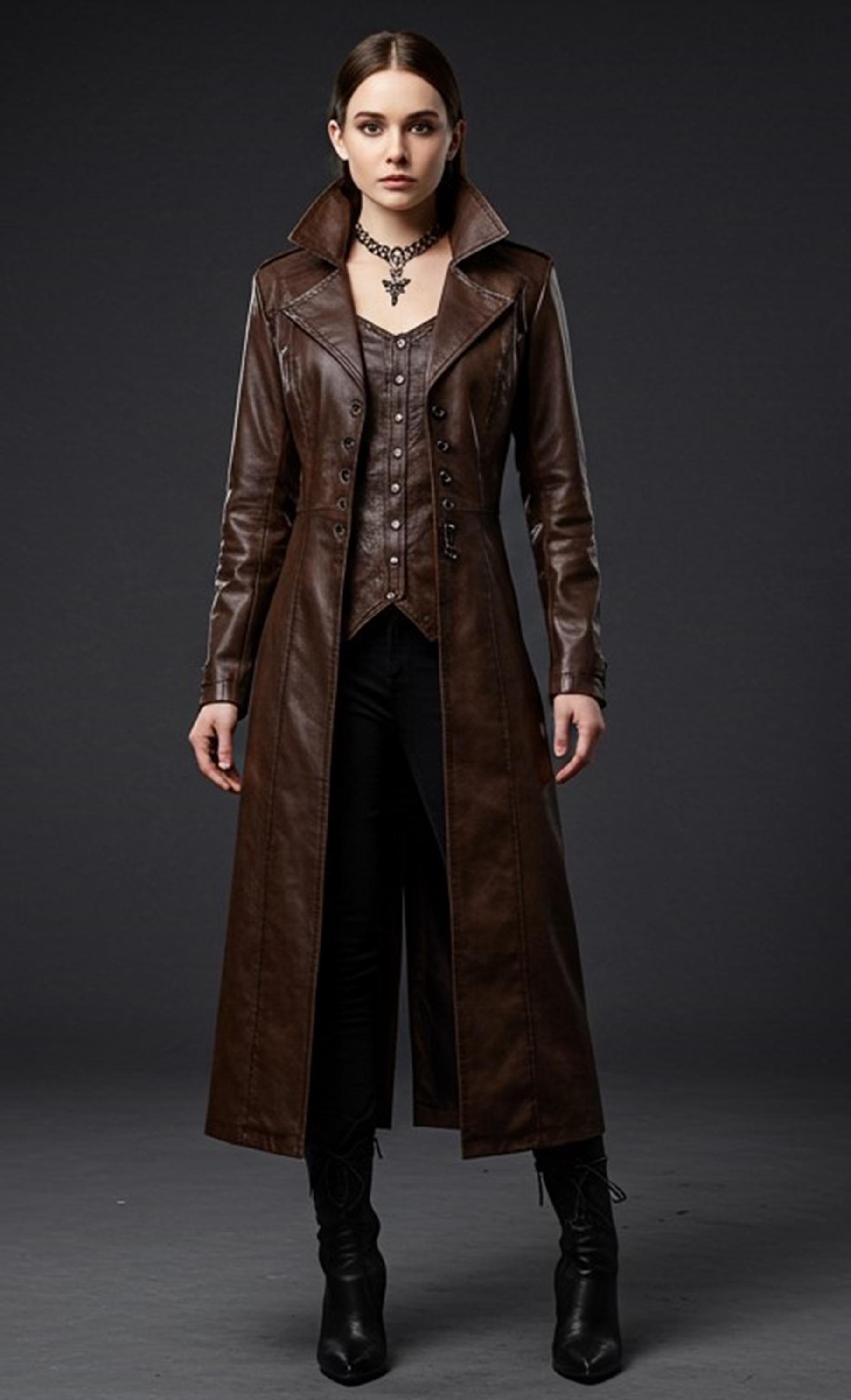 ブラウンレザートレンチコートレディース｜ゴシックヴァンパイアロング