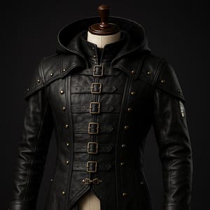 May include: A black leather jacket with a hood, multiple buckles, and decorative studs. The jacket has a long, fitted style.