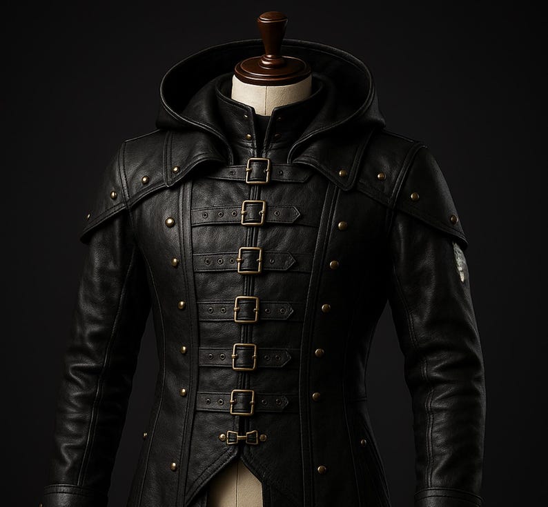 May include: A black leather jacket with a hood, multiple buckles, and decorative studs. The jacket has a long, fitted style.