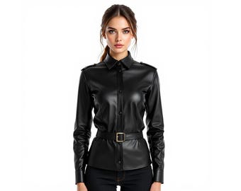 Women’s Real Leather Shirt | Black Belted Button-Up Top | Gothic Military Style Blouse | Handmade Festival Clubwear | Edgy Fashion