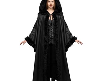 Gothic Black Leather Hooded Cloak | Fur Trim Witch Cape, Vampire Robe, Halloween Cosplay, Dark Fantasy Costume, Unisex Gothic Cloak