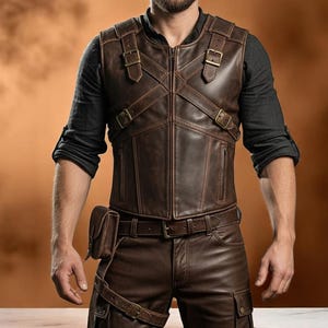 Tactical Buckle Cosplay Armor | Brown Leather Ranger Vest | LARP Rogue Outfit | Steampunk Utility Vest | Medieval Fantasy Costume