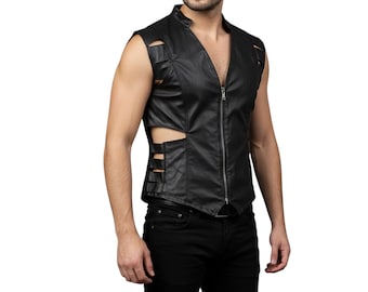 Chaleco gótico de cuero auténtico con aberturas para hombre / Top sin mangas estilo steampunk para fiestas rave