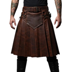 Handmade Brown Leather Kilt | Modern Pleated Warrior Skirt for LARP, Renaissance, Cosplay, Viking & Halloween Festival Outfit