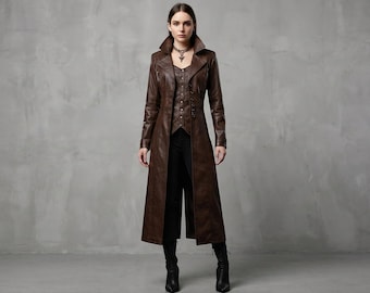 Brauner Gothic-Trenchcoat aus Leder für Damen | Steampunk-Staubmantel im viktorianischen Stil, Fantasy-Cosplay-Oberbekleidung