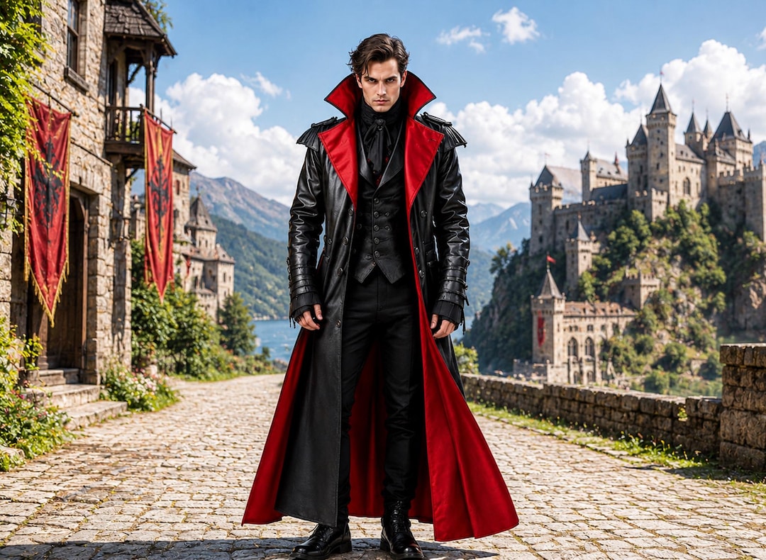 Men's Gothic Vampire Leather Coat Black Red | Victorian Trench