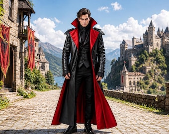 Men’s Gothic Vampire Leather Coat Black Red | Victorian Trench Coat | Medieval Gothic Jacket | Steampunk Long Coat | Dracula Cosplay Costume