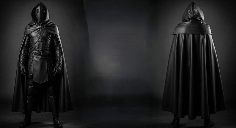May include: A black leather costume with a hooded cloak. The costume includes a full-face mask, a tunic with a belt, gloves, and boots. The image shows the costume from the front and back, set against a dark gray background.