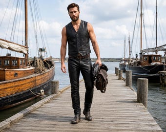 Chaleco de cuero negro para hombre, estilo motero, sin mangas, moda vikinga, ropa gótica para festivales.