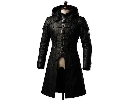 Genuine Leather Gothic Trench Coat | Steampunk LARP, Renaissance Hooded Overcoat