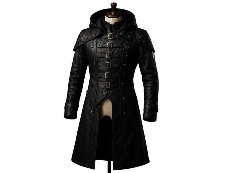 May include: A long black leather coat with a hood, featuring a decorative buckle closure and studded accents.