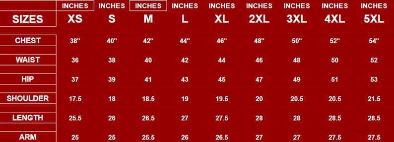 May include: Size chart for clothing in inches. The chart shows measurements for chest, waist, hip, shoulder, length, and arm for sizes XS to 5XL.