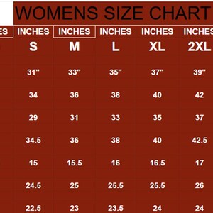 May include: A dark red size chart table with white text titled WOMENS SIZE CHART. It lists measurements in inches for sizes XS through 4XL, including body size, chest, waist, hip, shoulder, length, and arm dimensions for apparel sizing reference.