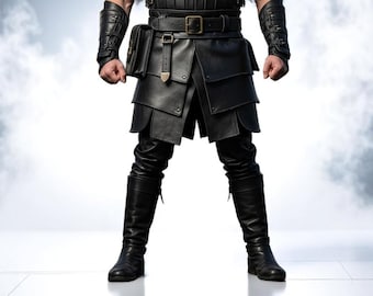 May include: A black leather outfit with layered skirt, belt, and high boots. The ensemble includes arm guards and a small pouch. The outfit is set against a white background with a smoky effect.