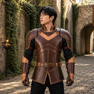 Op de afbeelding: Een bruin leren harnasset met tan accenten, inclusief een borstplaat, schouderbeschermers en armbeschermers. Het harnas wordt gedragen over een zwart shirt met lange mouwen en is vastgemaakt met een riem. De setting is een stenen binnenplaats.