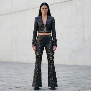 May include: A black leather two-piece set consisting of a cropped blazer and flared trousers. Both pieces feature silver-toned metal studs and multiple adjustable buckle straps on the sleeves, waist, and legs, creating a structured appearance.
