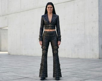 Gothic Studded Leather Set for Women – Handmade Black Buckle Crop Jacket & Flared Pants | Festival, Rave, Alt Fashion Outfit