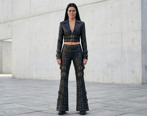 Gothic Studded Leather Set for Women – Handmade Black Buckle Crop Jacket & Flared Pants | Festival, Rave, Alt Fashion Outfit