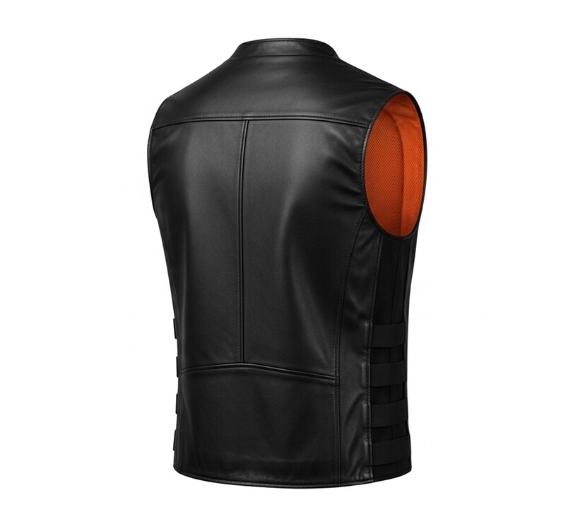 Puede incluir: Chaleco de cuero negro con forro de malla naranja. El chaleco tiene cuello alto, costuras verticales y correas negras en los laterales. La parte trasera del chaleco es visible.