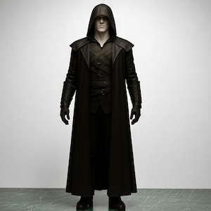 Exclusive premium Leather Assassin Cloak with Hood – Gothic Medieval Cosplay Trench Coat for Men – Custom Handmade LARP Fantasy Costume