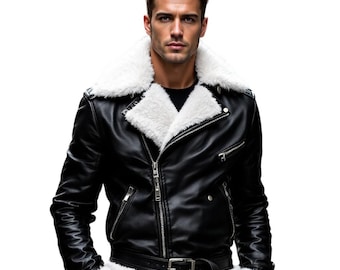 Men’s Black Leather Shearling Jacket | Brando Biker Jacket with White Fur Collar | Winter Moto Jacket | Vintage jacket