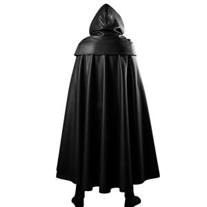 May include: A black hooded cloak, viewed from the back, with a smooth, leather-like texture. The cloak has a wide, flowing design, with a hood that drapes over the shoulders. The garment is suitable for cosplay or costume events.