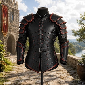 May include: Black leather armour with red trim and accents, displayed on a mannequin. The armour features shoulder pads, a belted waist, and detailed stitching. The background includes a castle and a banner.