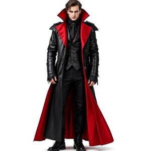 Men&#39;s Gothic Vampire Coat | Black and Red Leather Trench | Victorian Steampunk Long Jacket | Cosplay Costume | Dark Fantasy Fashion