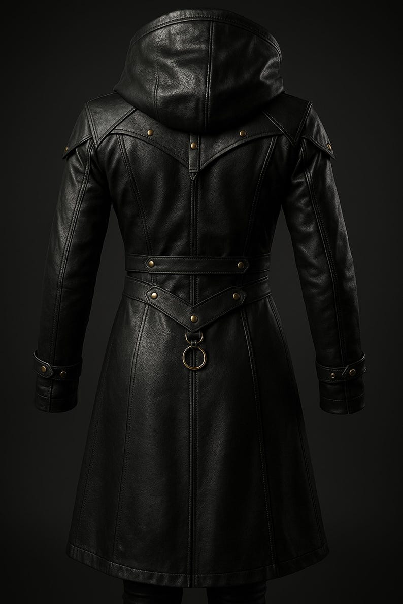 May include: Black leather trench coat with a hood, a belt with metal accents, and a long, flowing silhouette.