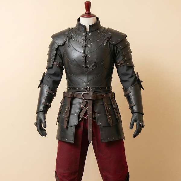 Armatura da guerriero in pelle nera da uomo / Costume da rinascimento per LARP fantasy medievale