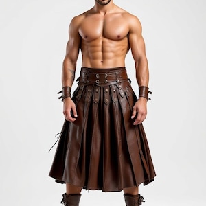 Handmade Genuine Brown Leather Gladiator Kilt | Viking Warrior Kilt | Medieval Battle Skirt Steampunk Leather Kilt Festival & Cosplay Outfit