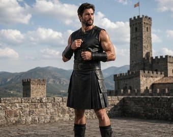 Roman Gladiator Leather Kilt Costume Set | Warrior Battle Skirt, Bracers, Vest