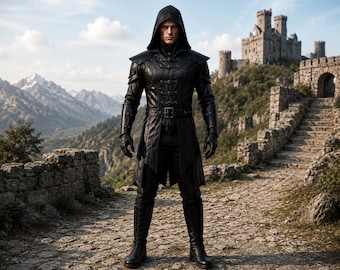 Assassin Black Leather Hooded Costume for Men | Medieval Warrior Armor Outfit | Gothic LARP Cloak Set | Dark Fantasy Cosplay Jacket