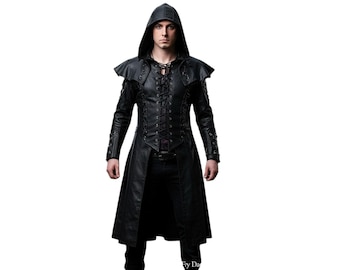 Handmade Black Leather Hooded Trench Coat | Gothic Cosplay Outfit