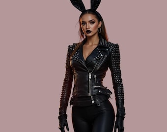 Handmade Women's Gothic Real Black Leather Jacket with Bras Studded Detailing Edgy Biker Style Statement Fashion Festival  Halloween Costume